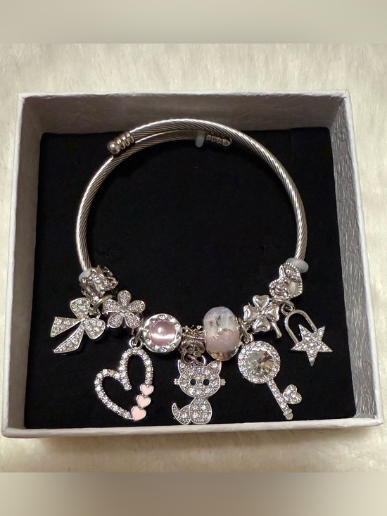 Jewelry - Stainless Steel Charm Bracelet with Pink Accents in Silver-tone